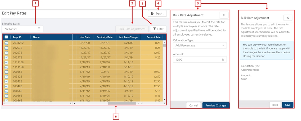 annotated screenshot of the Edit Pay Rates screen