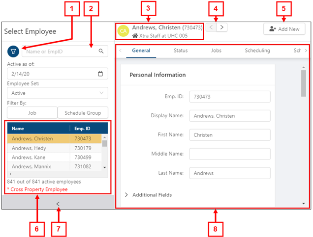 annotated image of the Employee Maintenance screen