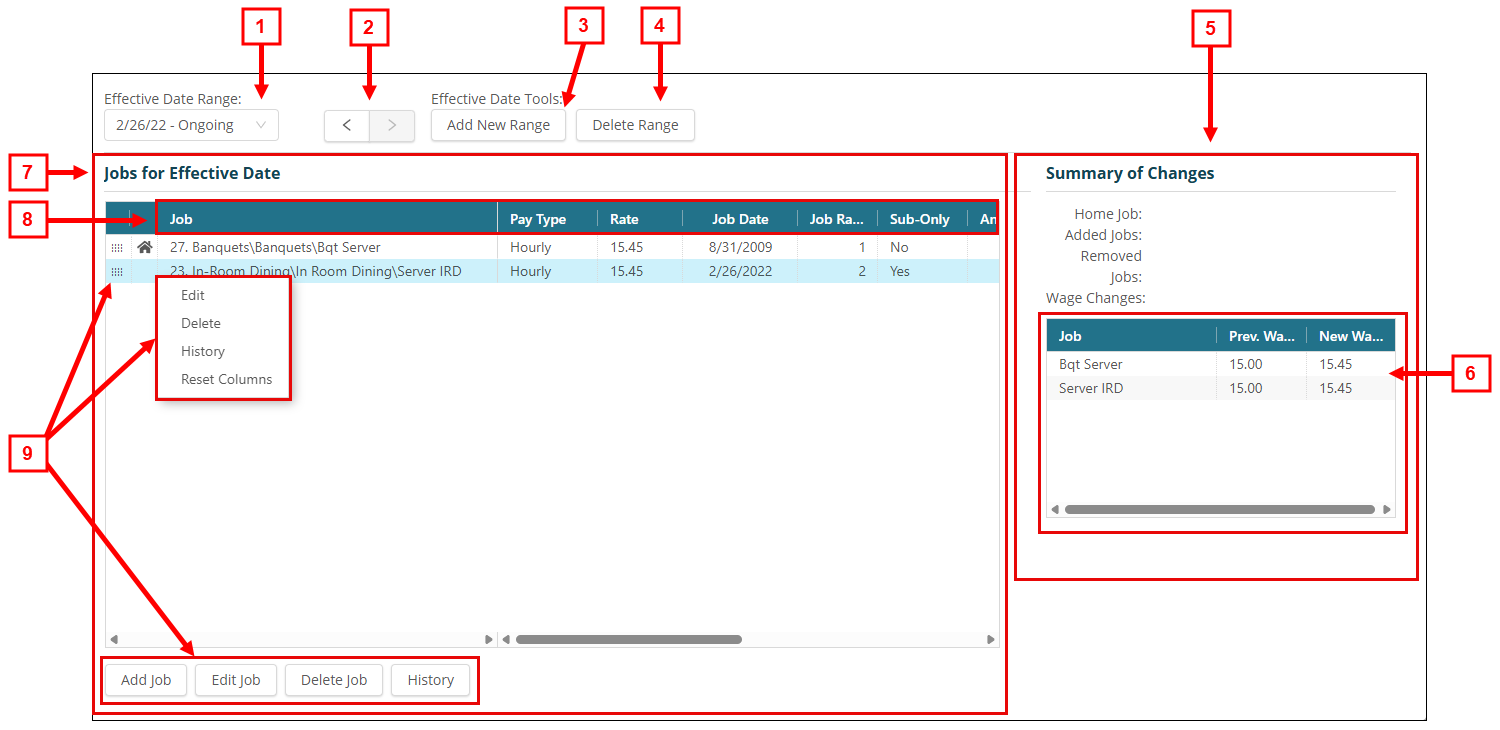 annotated image of the Jobs tab in Employee Maintenance