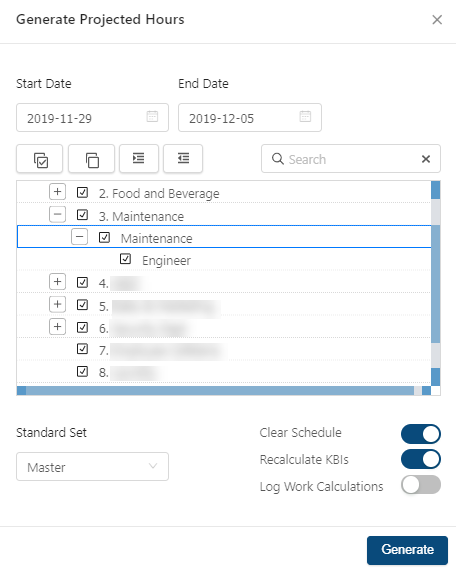 Generate Projected Hours dialog box