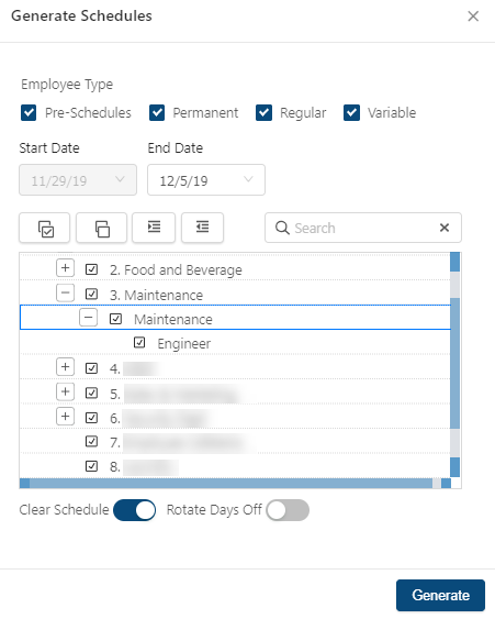 Generate Schedules dialog box