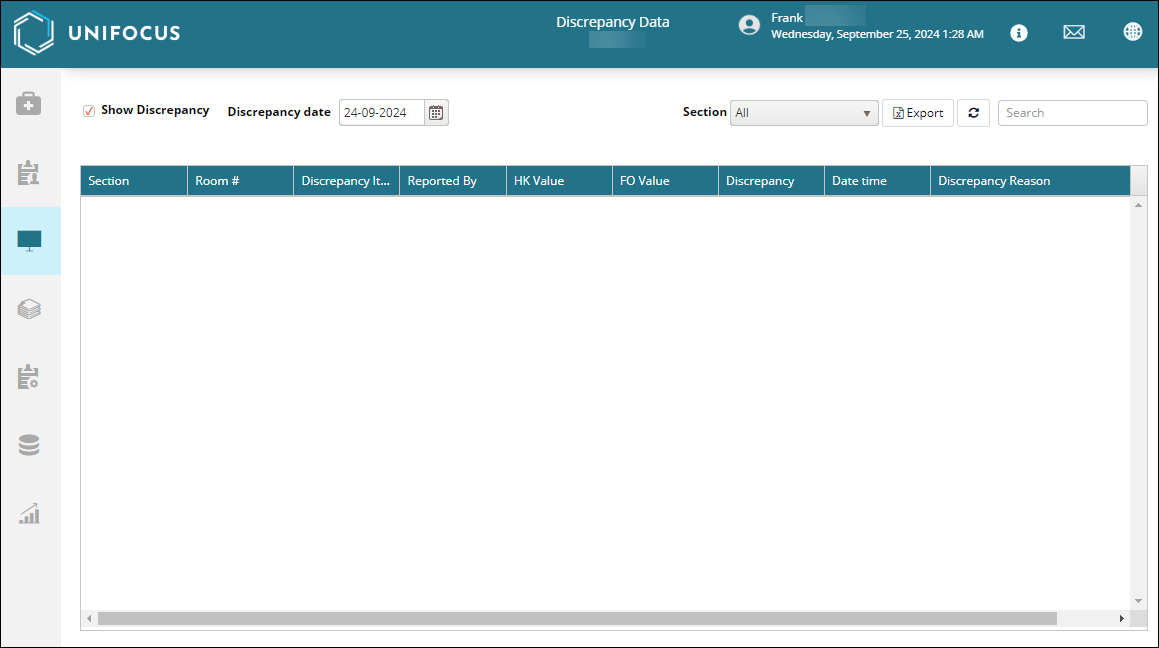 Discrepancy Data screen