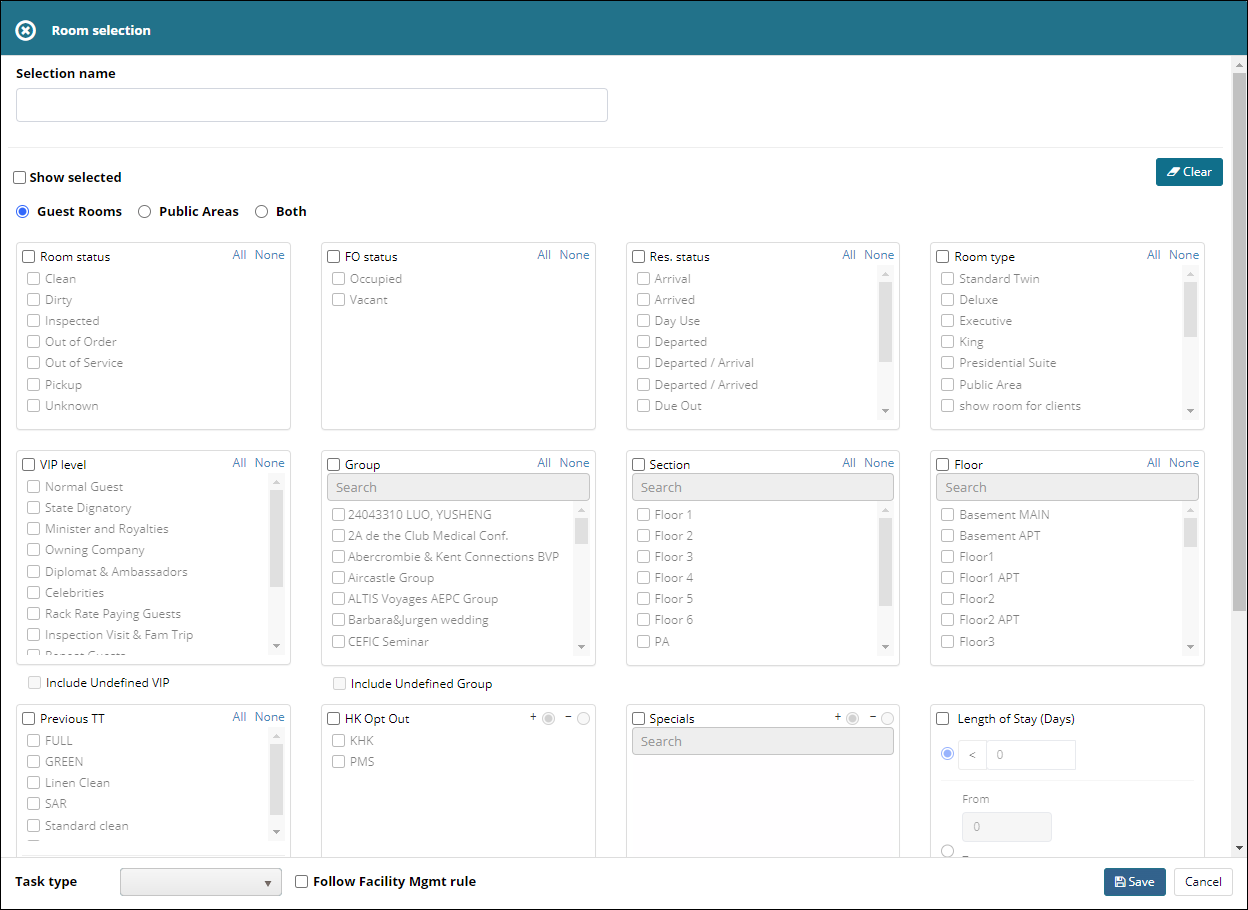 Rooms Selection pane