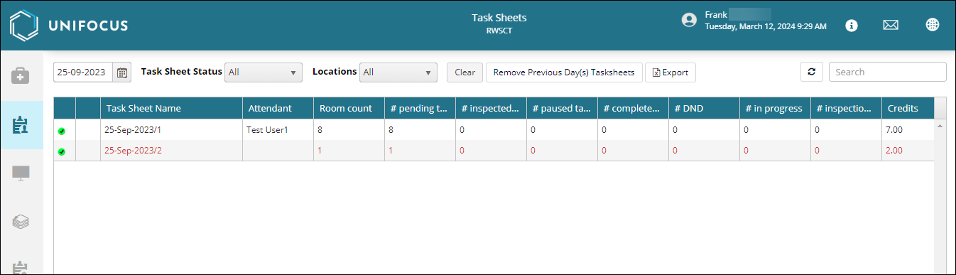 Task Sheet screen