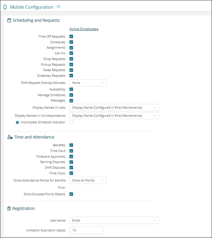 Mobile Configuration screen