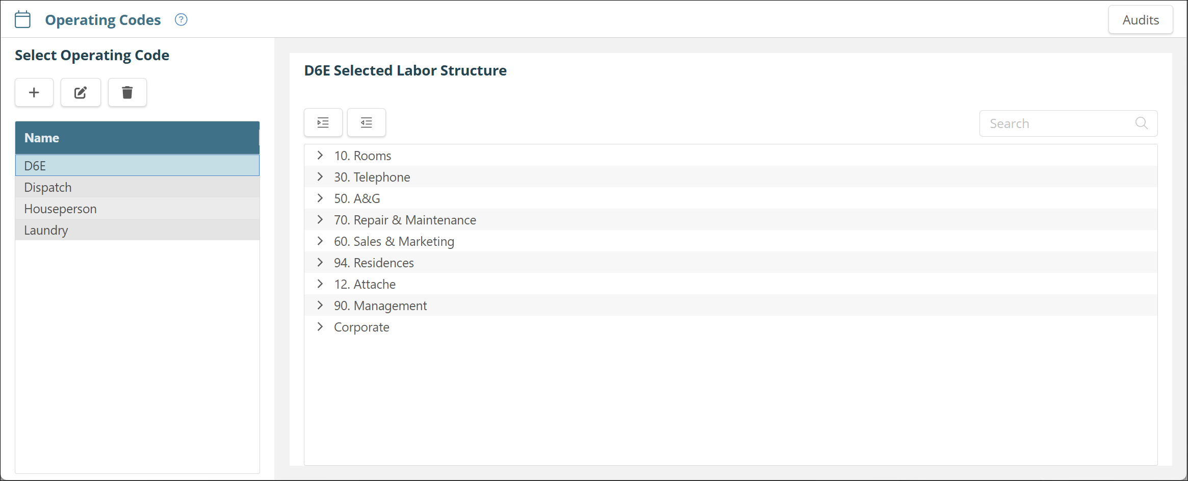Operating Codes screen