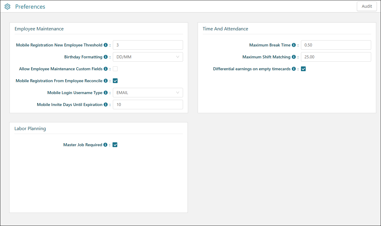 Preferences screen