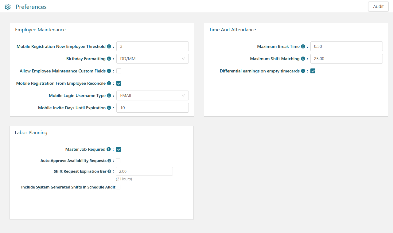Preferences screen