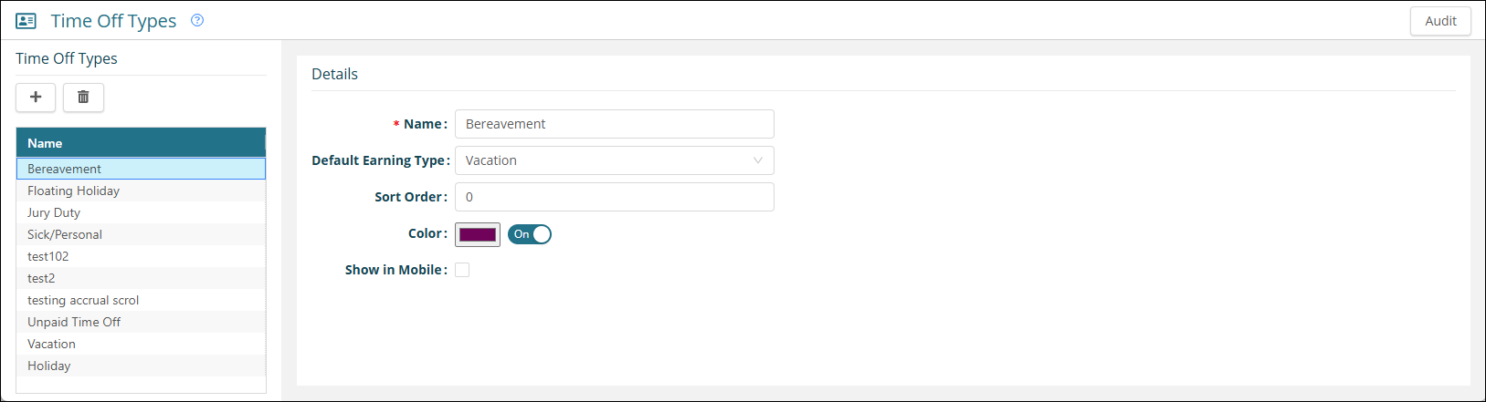 Time Off Types Setup screen