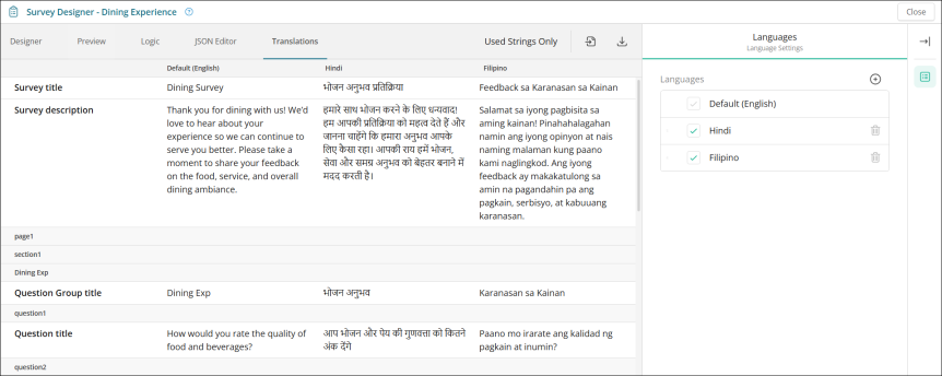 Translation tab with Hindi and Filipino languages
