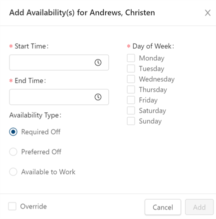 Add Availability dialog box in Employee Maintenance