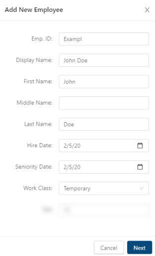 Add Employee dialog box in Employee Maintenance