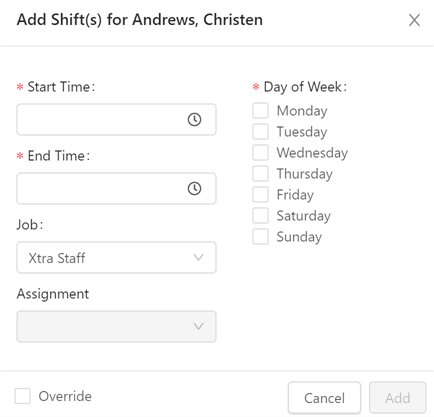 Add Shift dialog box in Employee Maintenance