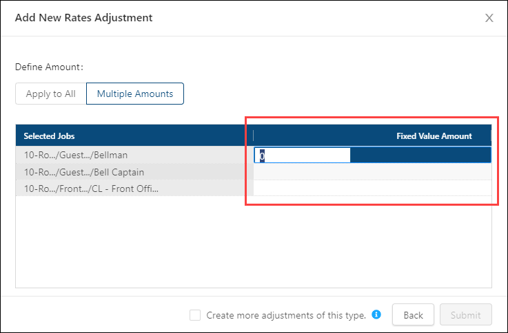 Values for each job in the adjustment wizard