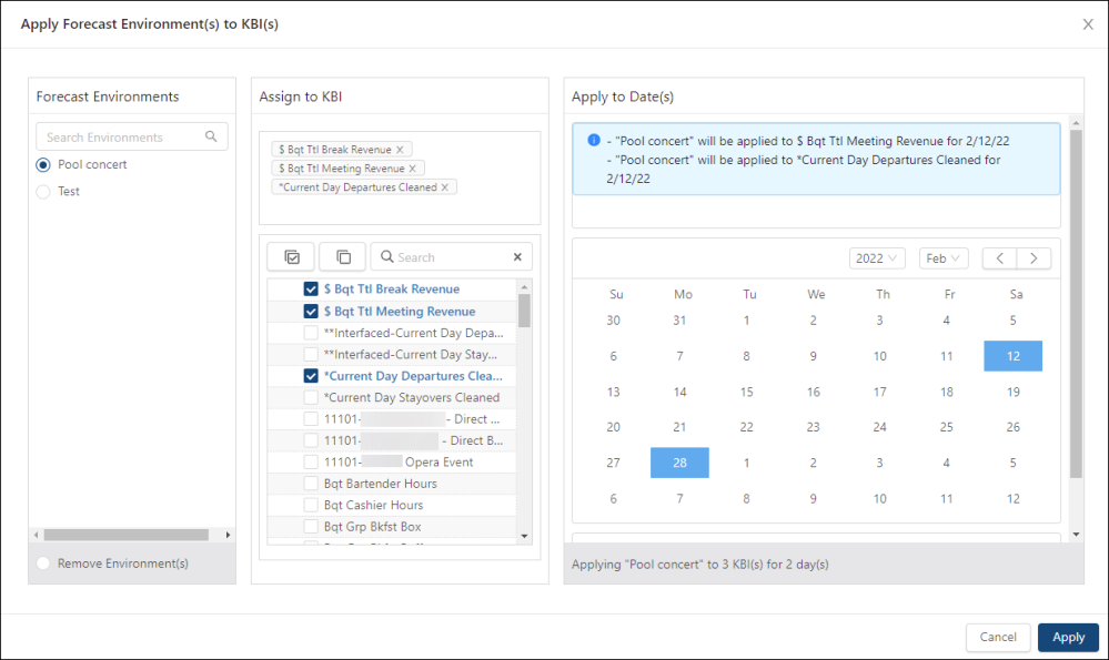 Apply Forecast Environments to KBIs dialog box