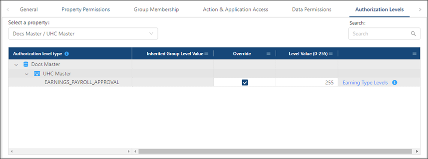 Authorization Levels tab