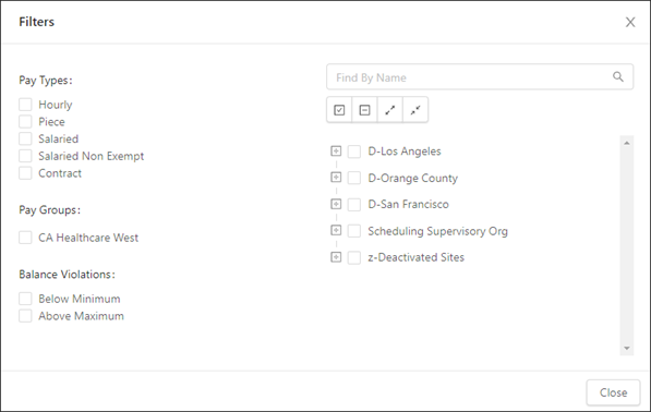 Filter dialog for the Benefits screen