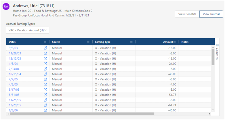 View Journal view of the Benefits screen