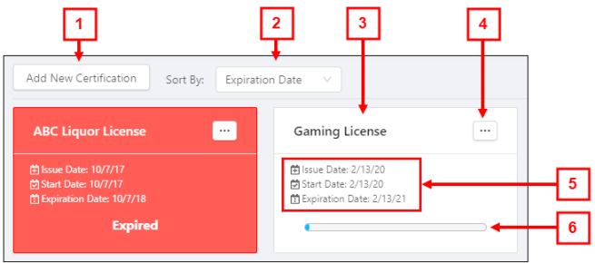 annotated image of the Certifications tab in Employee Maintenance