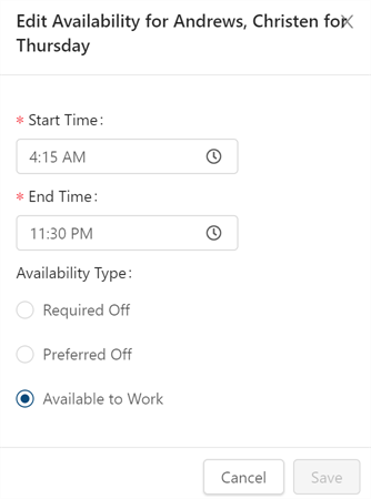 Edit Availability dialog box in Employee Maintenance