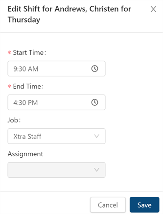 Edit Shift dialog box in Employee Maintenance