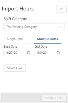 Import Actual Hours dialog box with shift categories for multiple dates
