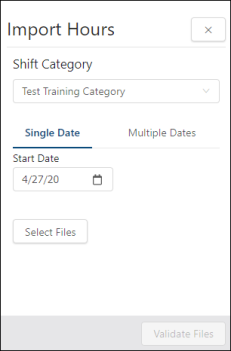 Import Actual Hours dialog box with shift categories for a single date