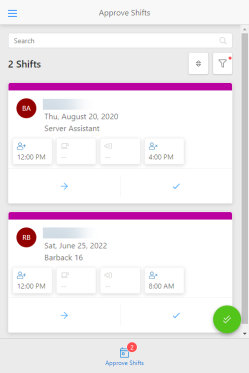 Approve Shifts screen
