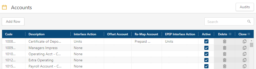 Accounts screen