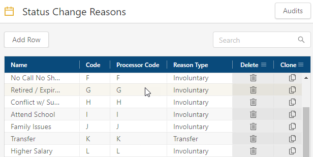 Status Change Reasons screen