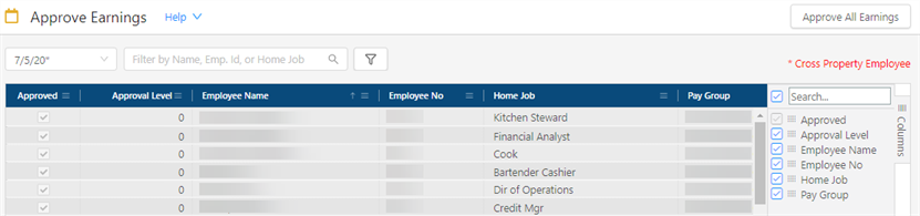Approve Earnings screen