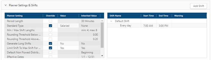 planner settings and shifts pane