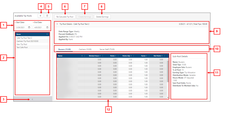 annotated screenshot of the Tip Pools screen