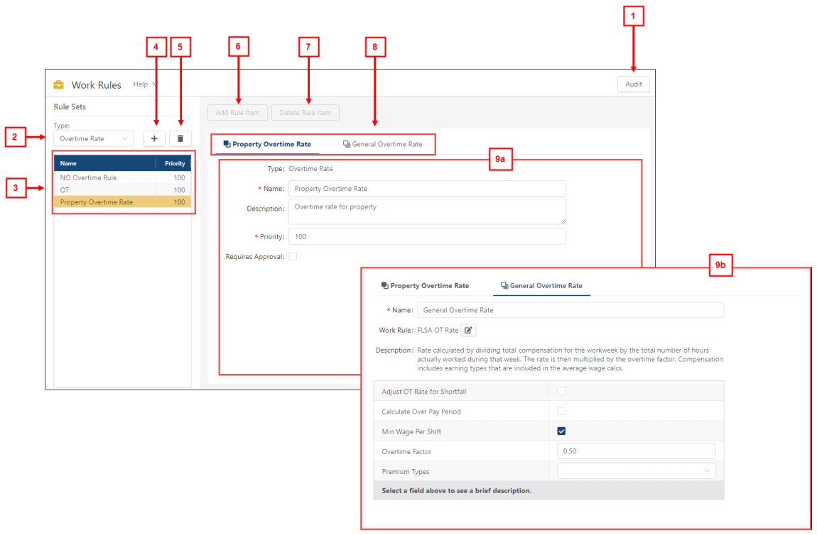 annotated multi-view image of Work Rules screen